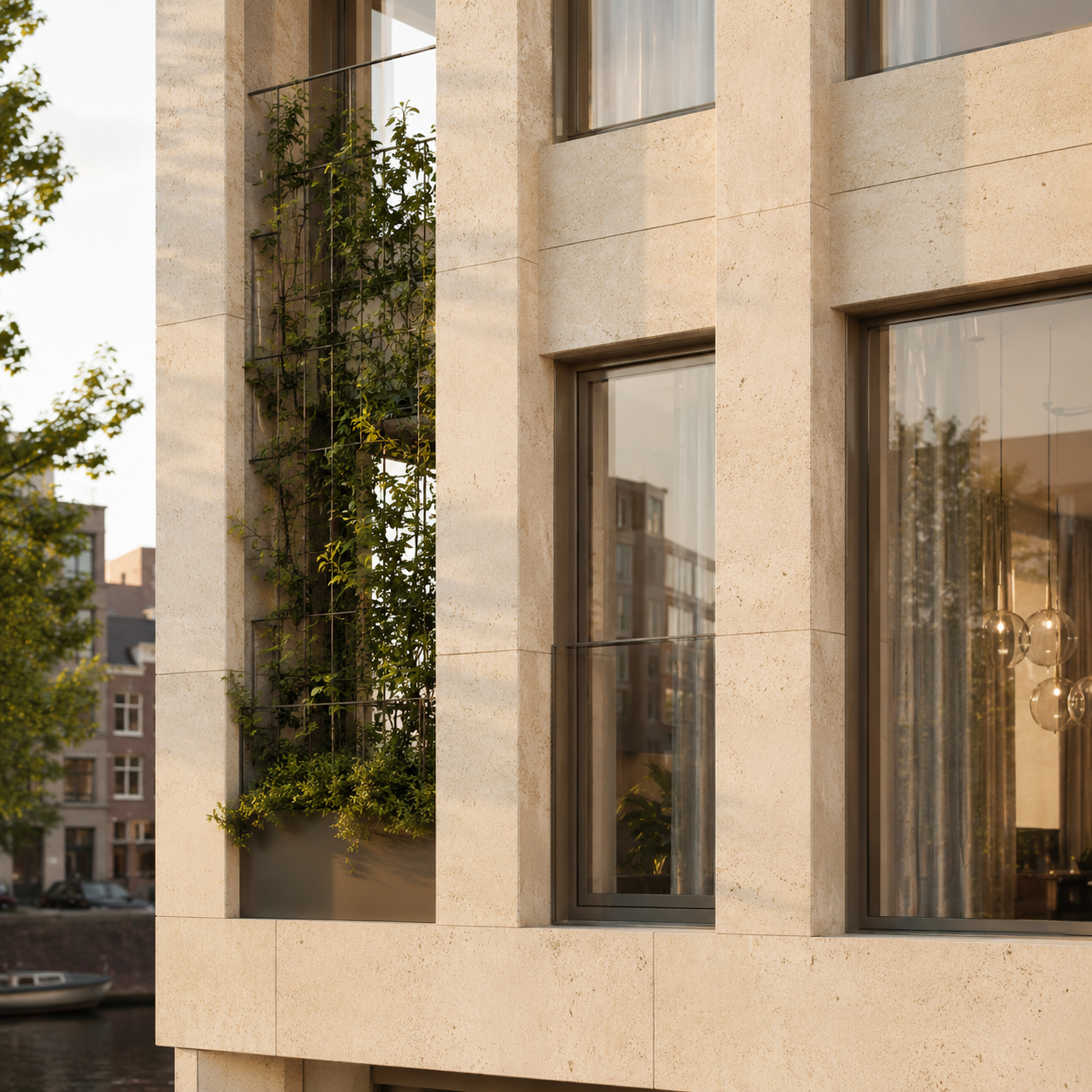 Close-up of the travertine façade with planted reveal and timber-framed windows