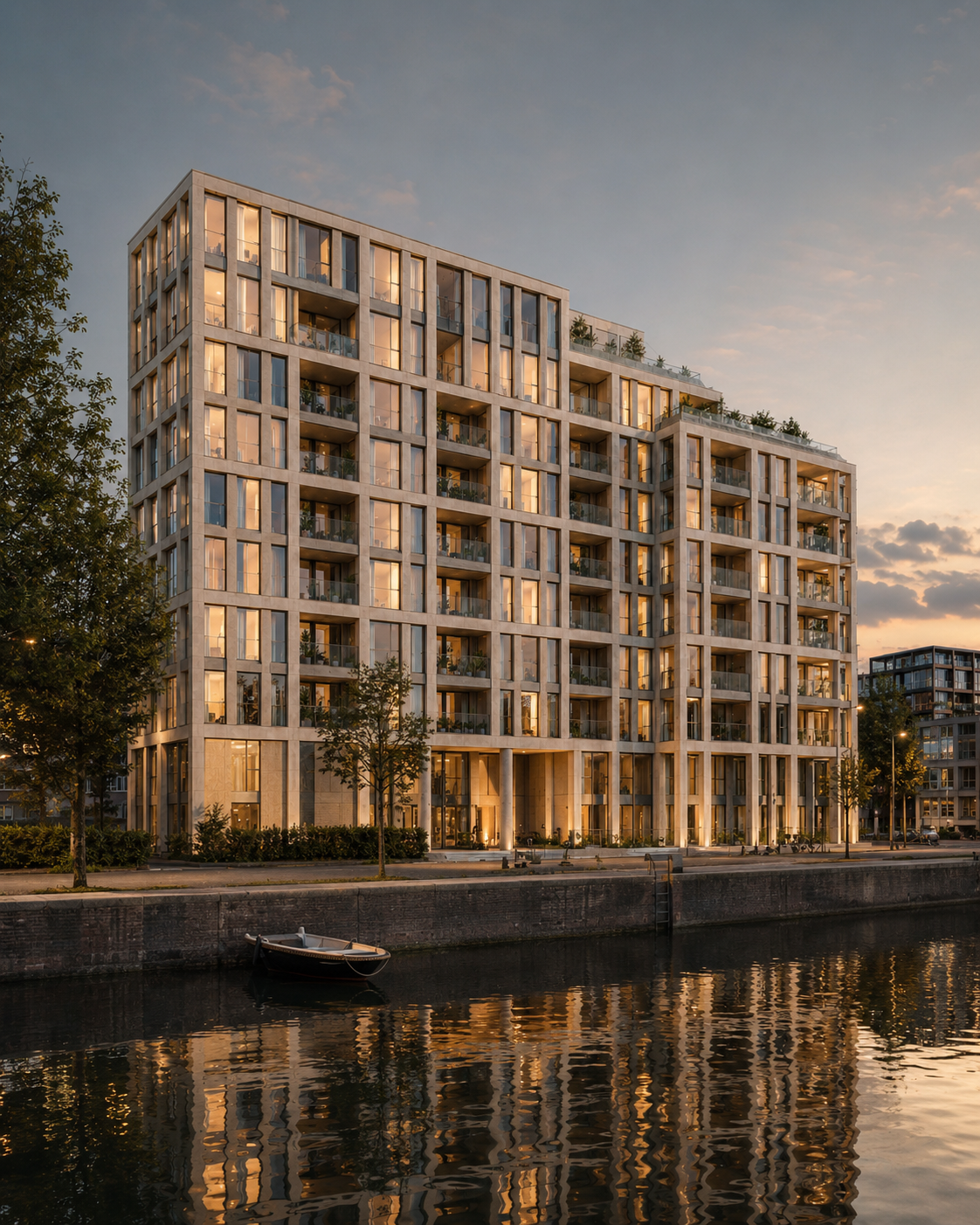 Modern stone residential building along an Amsterdam canal