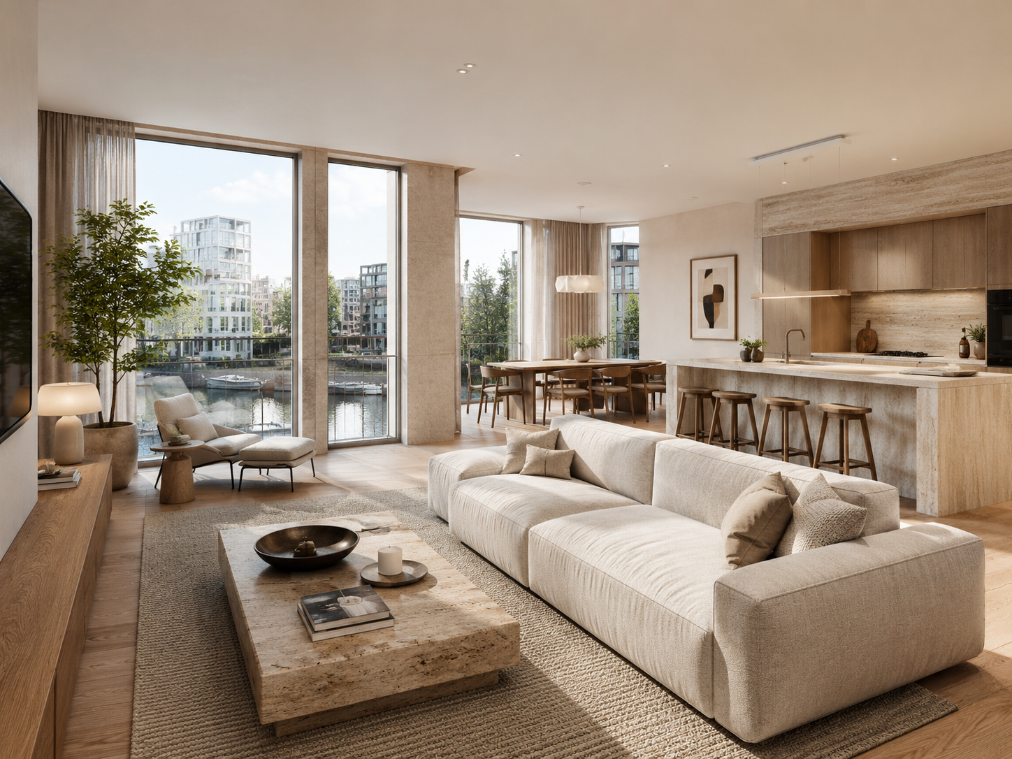 Open kitchen and lounge facing the water.