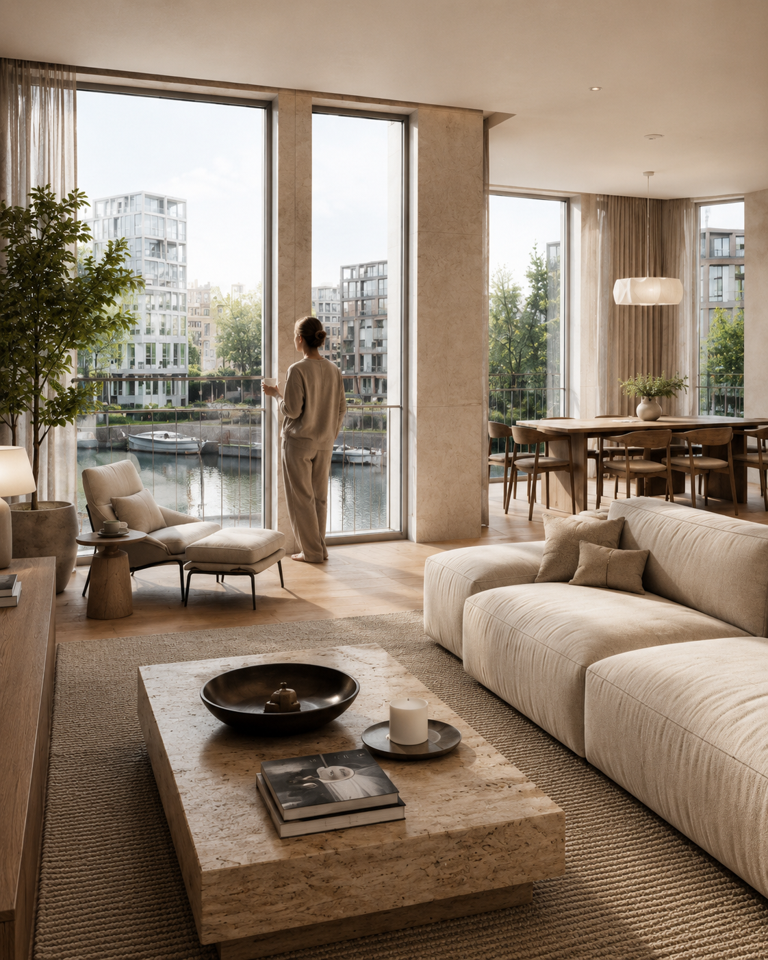 Resident at a floor-to-ceiling window overlooking the canal, travertine and oak interior